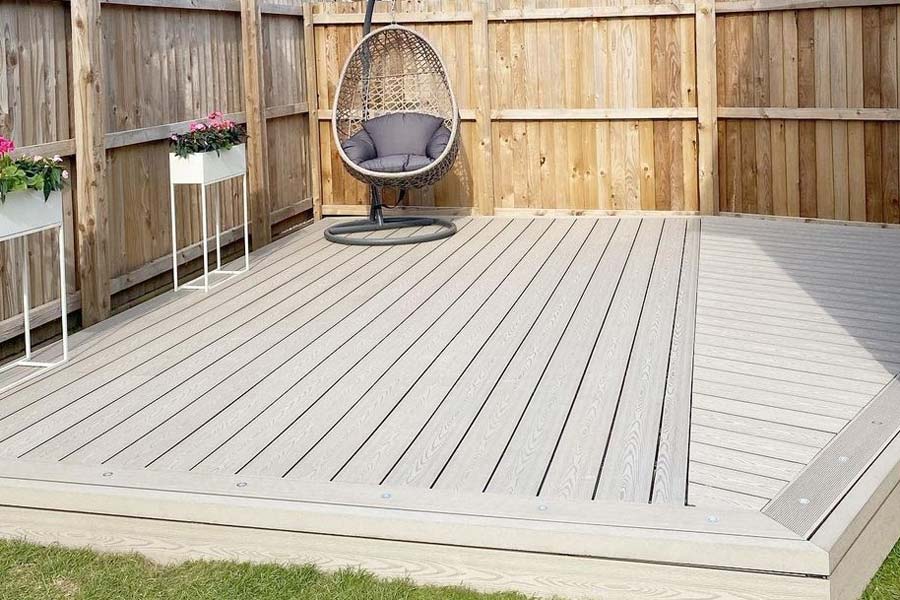 Composite decking on display in a garden